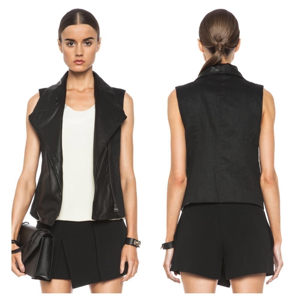 VINCE Asymmetric Leather Linen-Blend Vest (M)